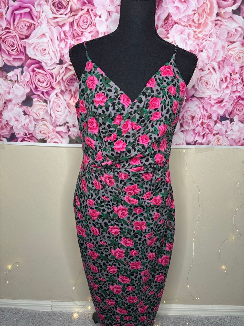 Betsey Johnson Gray Leopard Pink Rose Print Lined Bodycon Dress Size 6-170